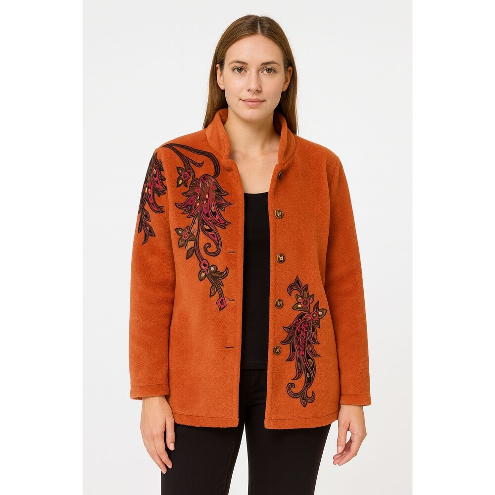 Burnt Orange Embroidered Button Jacket Coat Wearable Art M Bob Mackie Mid-Length